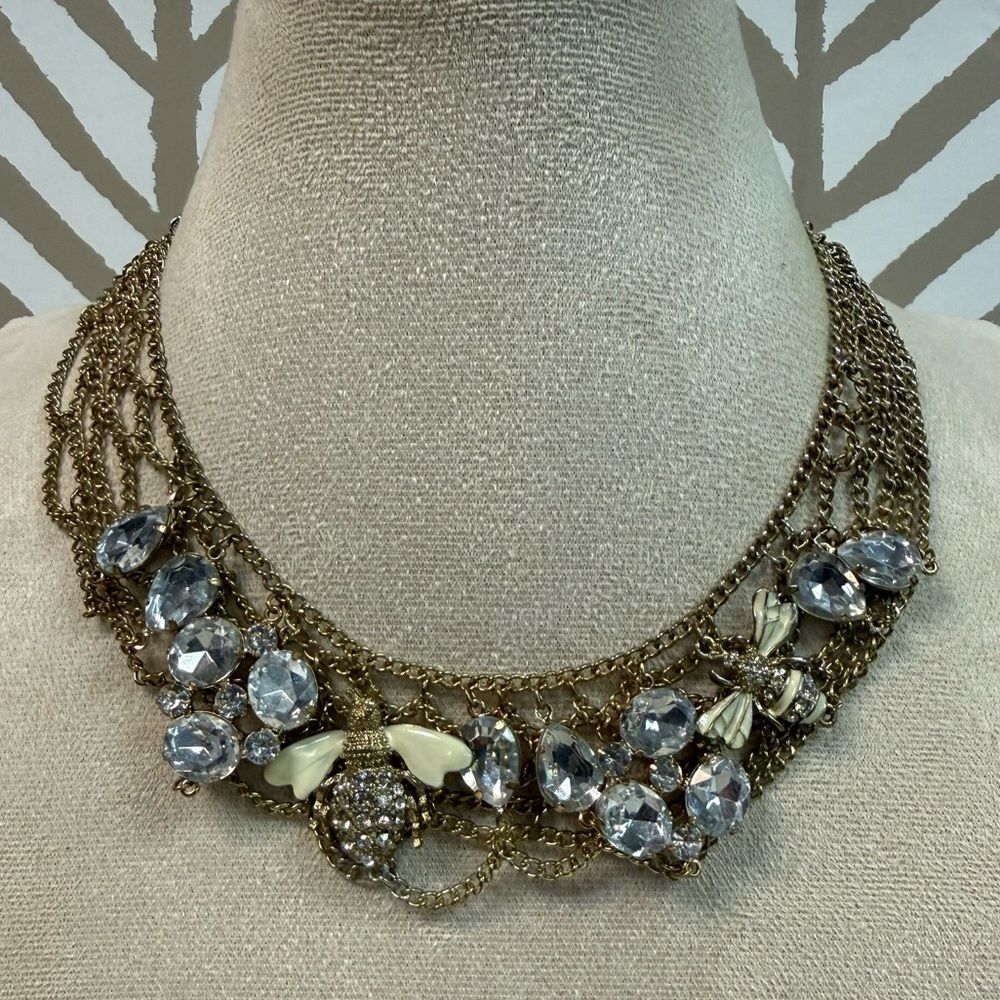 J Crew Bumble Bee Honey Bee Gold & Crystal Enamel Chain Statement Necklace